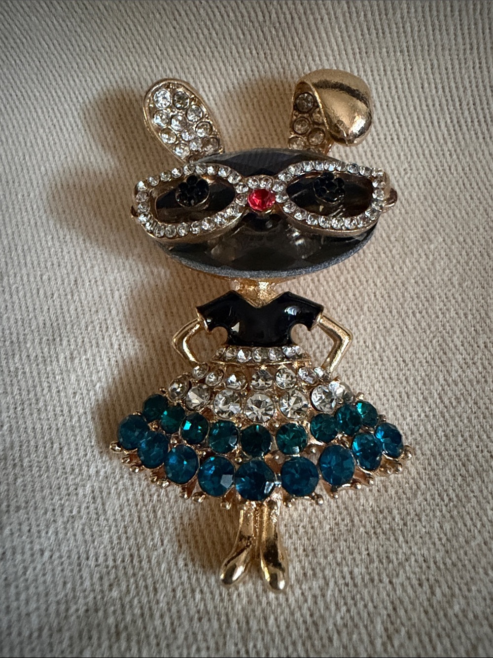 Gold-Tone Teal Crystal Bunny Brooch with Rhinestone Glasses